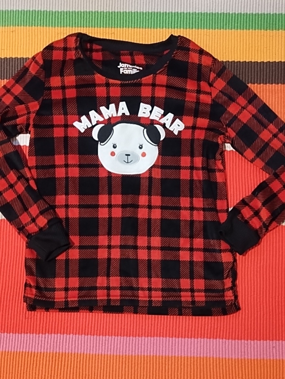 Cuddl Duds Red and Black Plaid 'Mama Bear' Long Sleeve Pajama Top Small Like New